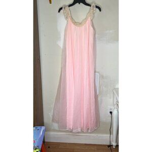 Pink Chiffon Nightgown Lace Trim Straps Neckline Sheer Overlay romantic vintage